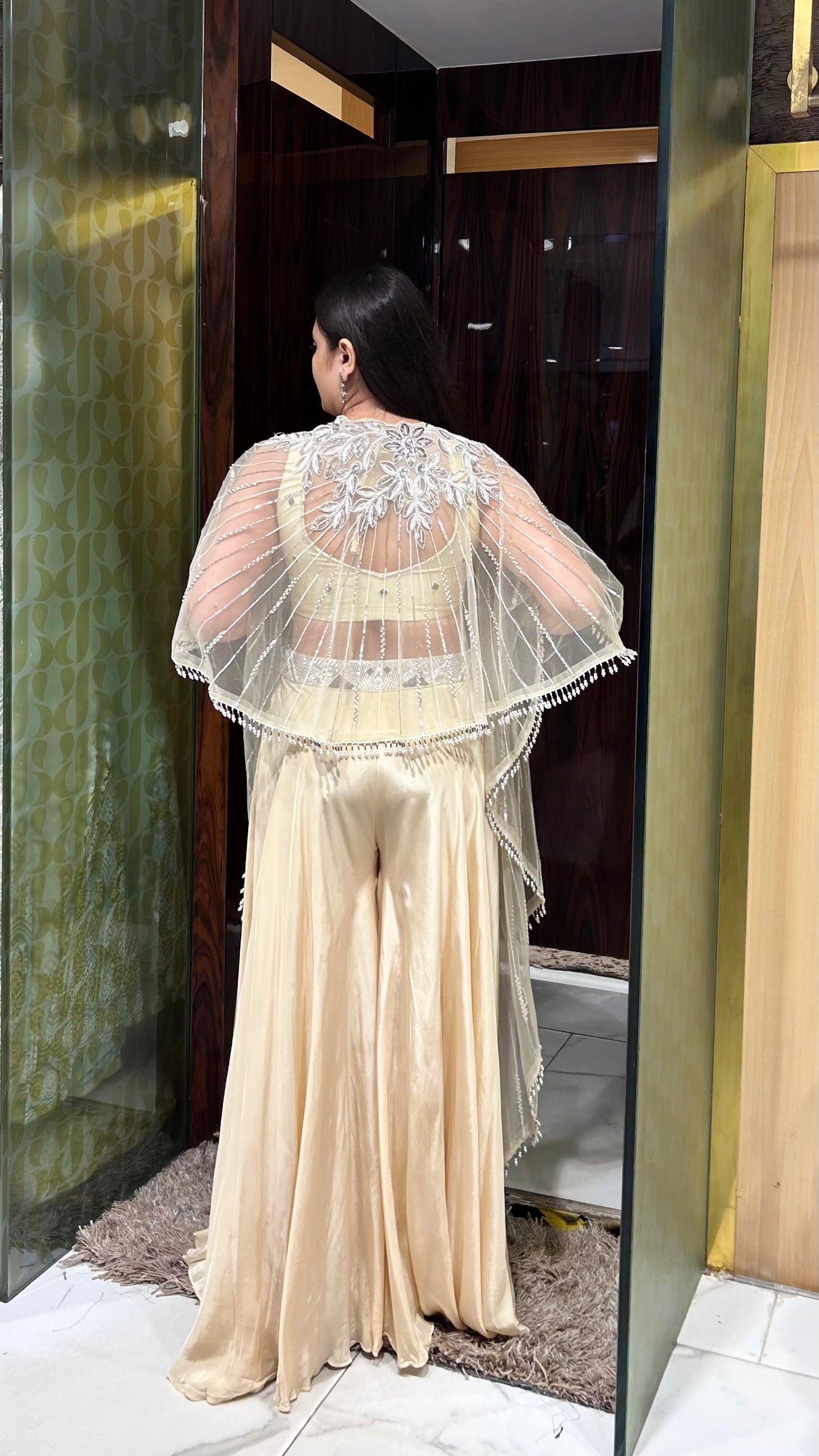 Pihu Beige Gold Indo-Western Palazzo Set with Embroidered Cape