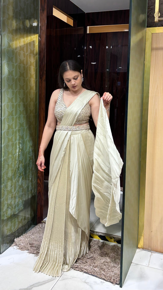 Divisha – Beige Gold Drape Saree with Sequins, Cut Dana & Mirror Work