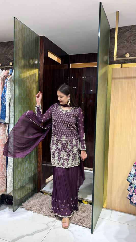 Gitika Dark Wine Chinon Silk Hand-Embroidered Sharara Set