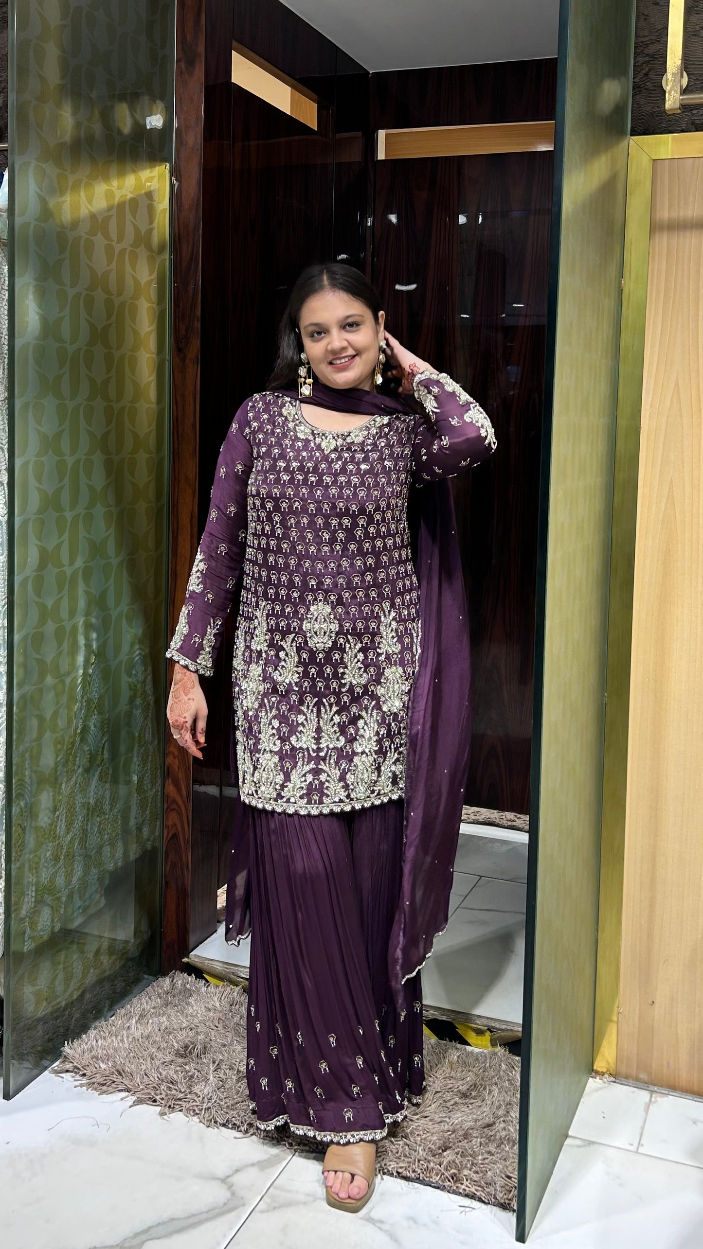 Gitika Dark Wine Chinon Silk Hand-Embroidered Sharara Set