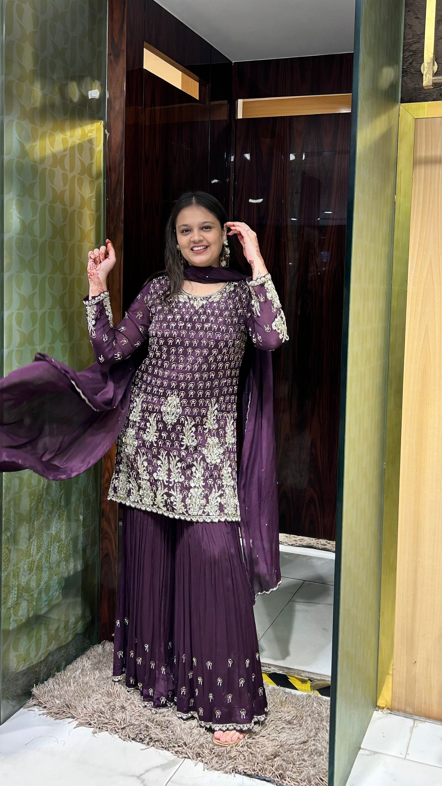 Gitika Dark Wine Chinon Silk Hand-Embroidered Sharara Set