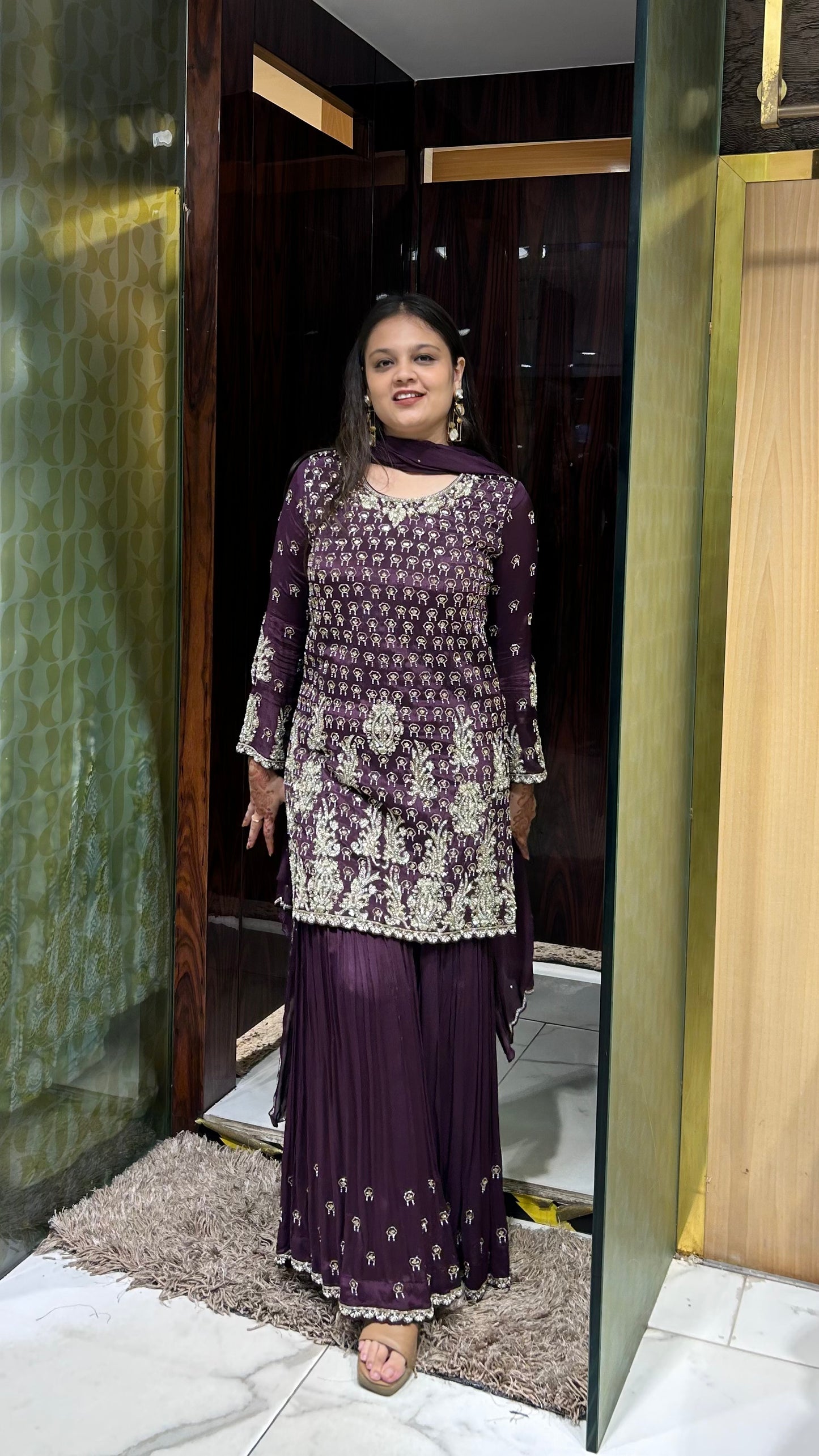 Gitika Dark Wine Chinon Silk Hand-Embroidered Sharara Set