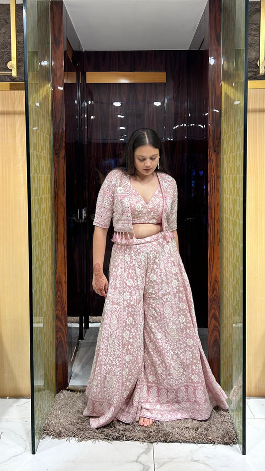Jasmin Pink Georgette Chikankari Sharara Set with Embroidered Jacket