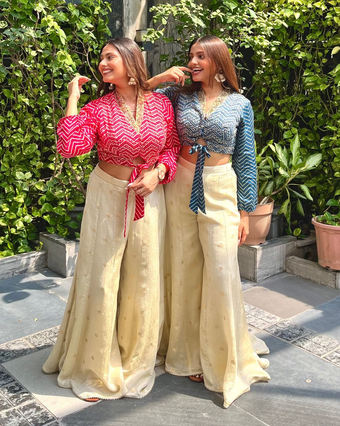 Indo-western Leheriya coord set with crop top and pants for mehendi