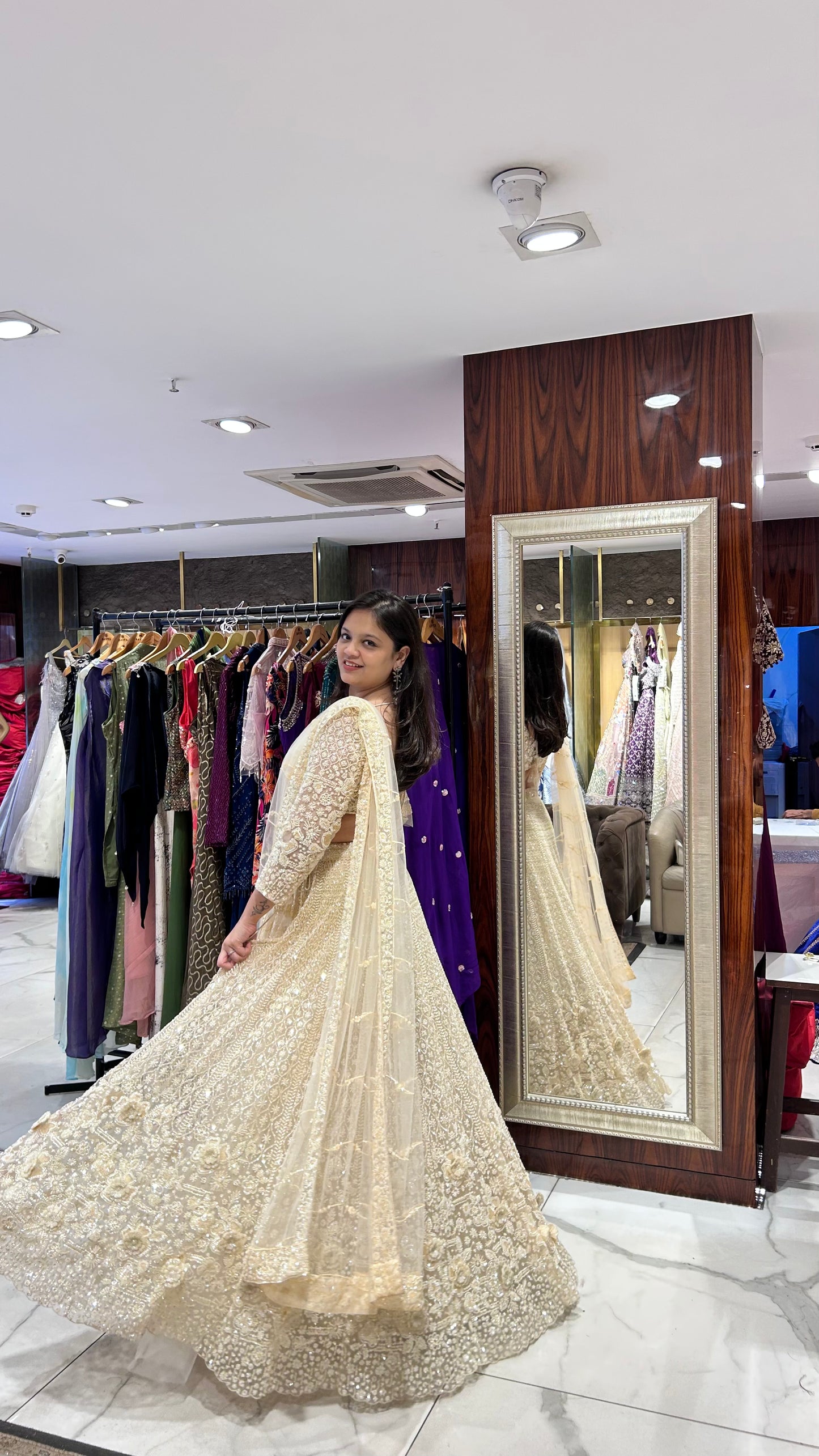 Mihika – Light Cream Net Embroidered Lehenga Set
