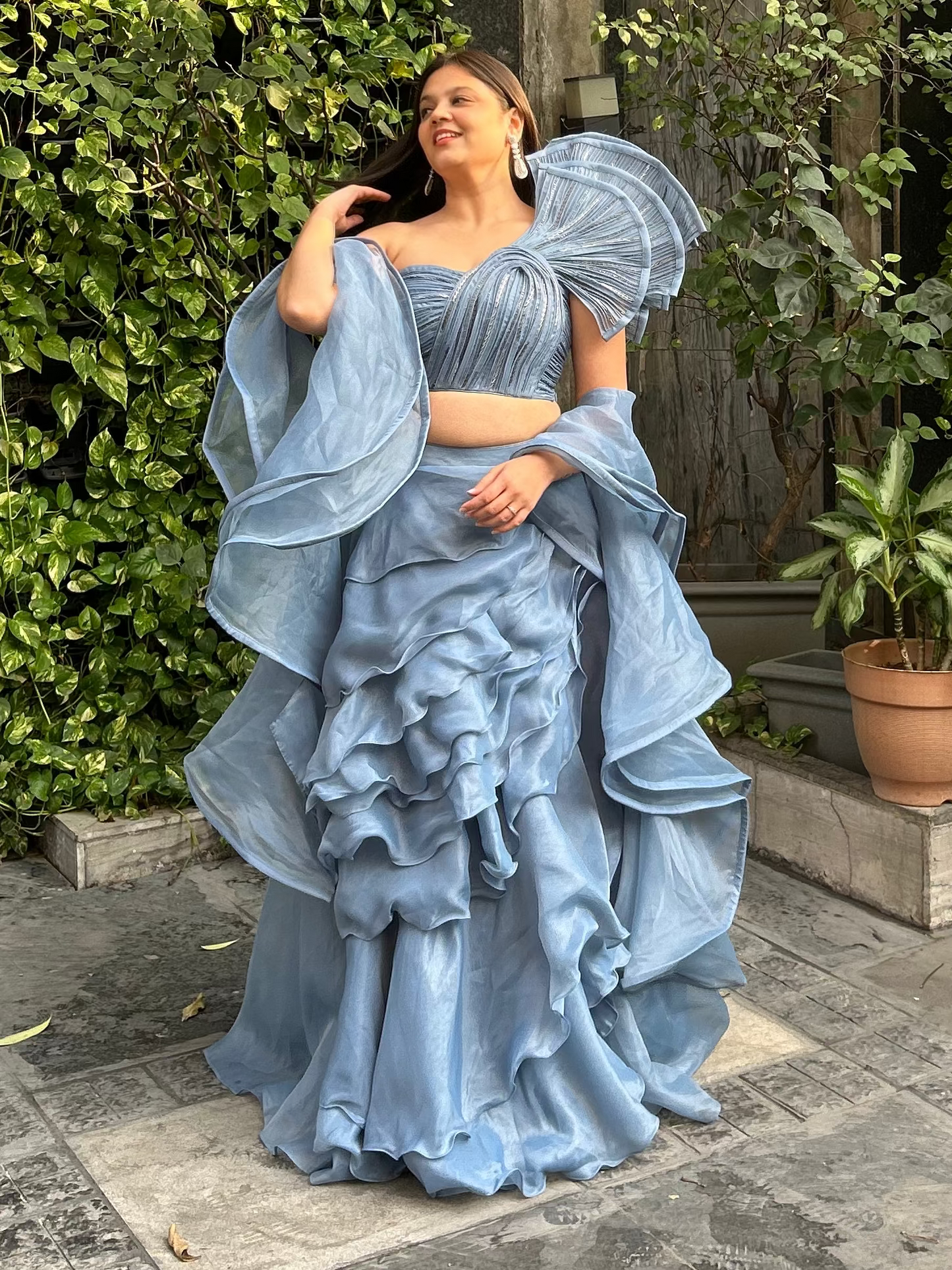 Bella – Designer Inspired Lehenga with Frills & One-Shoulder Blouse (Sleeve option available)