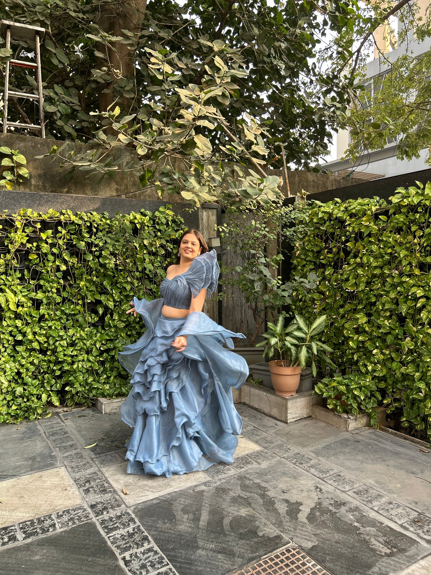 Bella – Designer Inspired Lehenga with Frills & One-Shoulder Blouse (Sleeve option available)