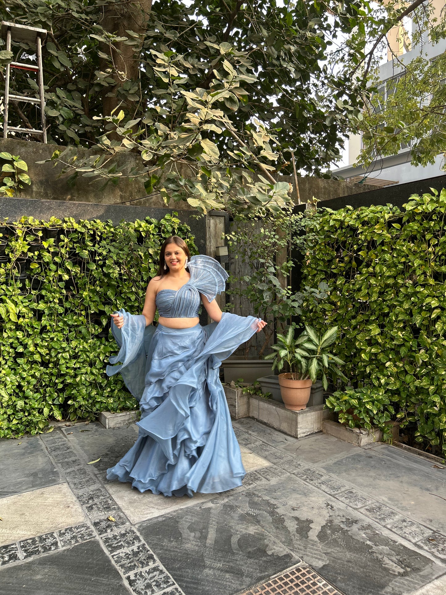 Bella – Designer Inspired Lehenga with Frills & One-Shoulder Blouse (Sleeve option available)