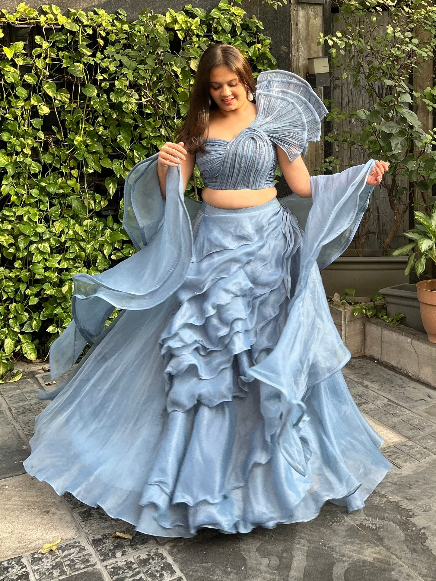 Gaurav Gupta inspired budget friendly lehenga with ruffles and frills for ring ceremony and reception