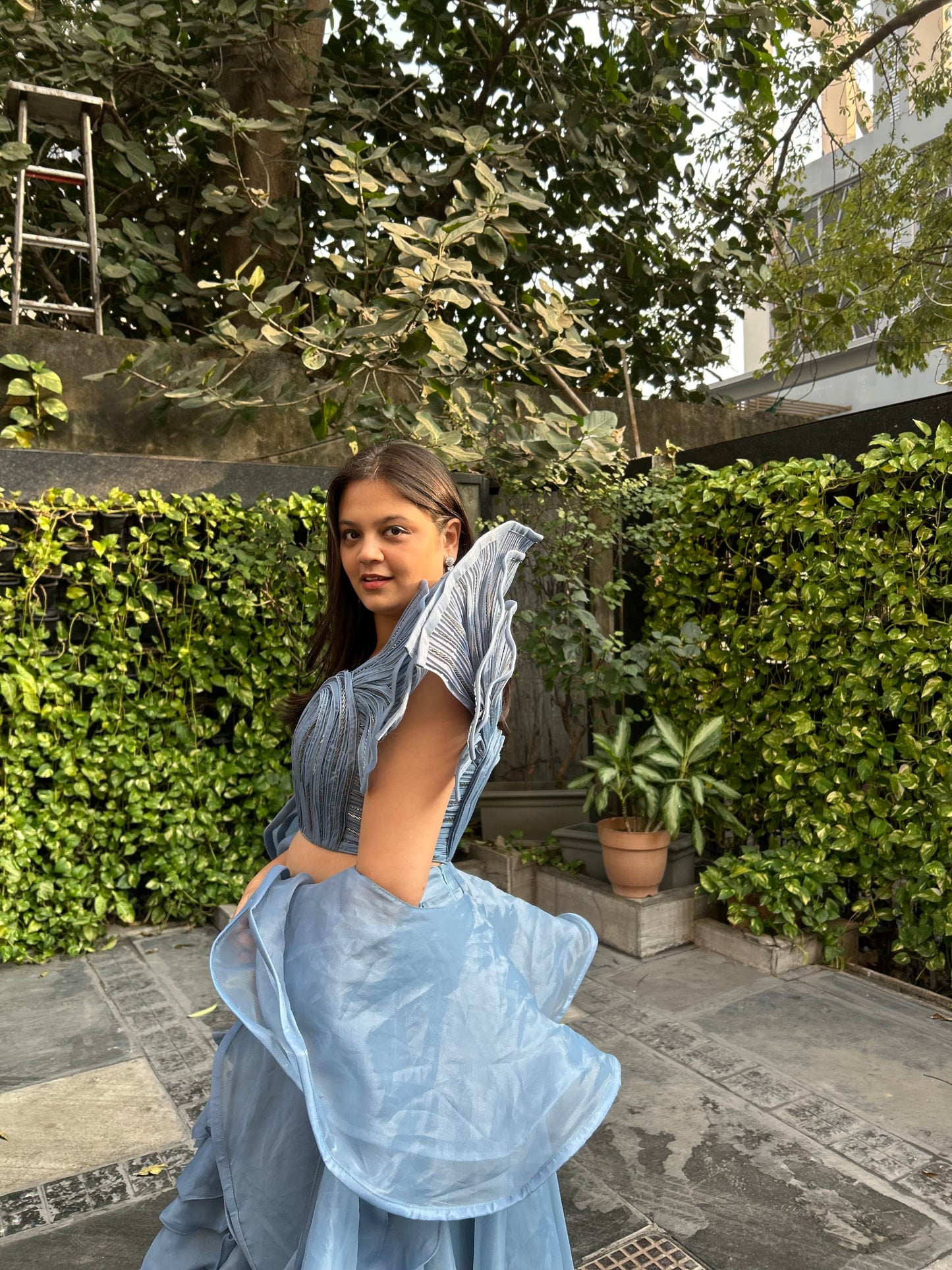 Bella – Designer Inspired Lehenga with Frills & One-Shoulder Blouse (Sleeve option available)