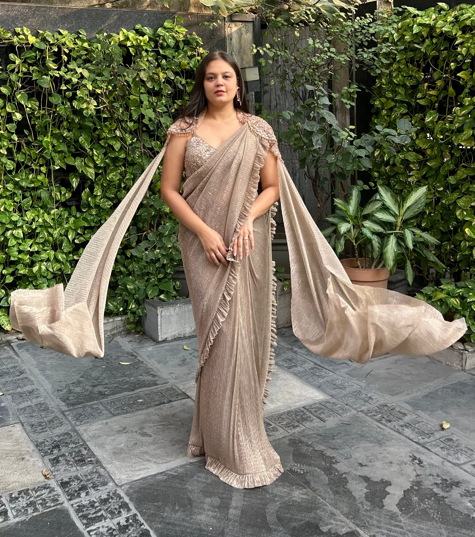 Designer drape saree with cape for cocktail, sangeet, bridesmaids, etc