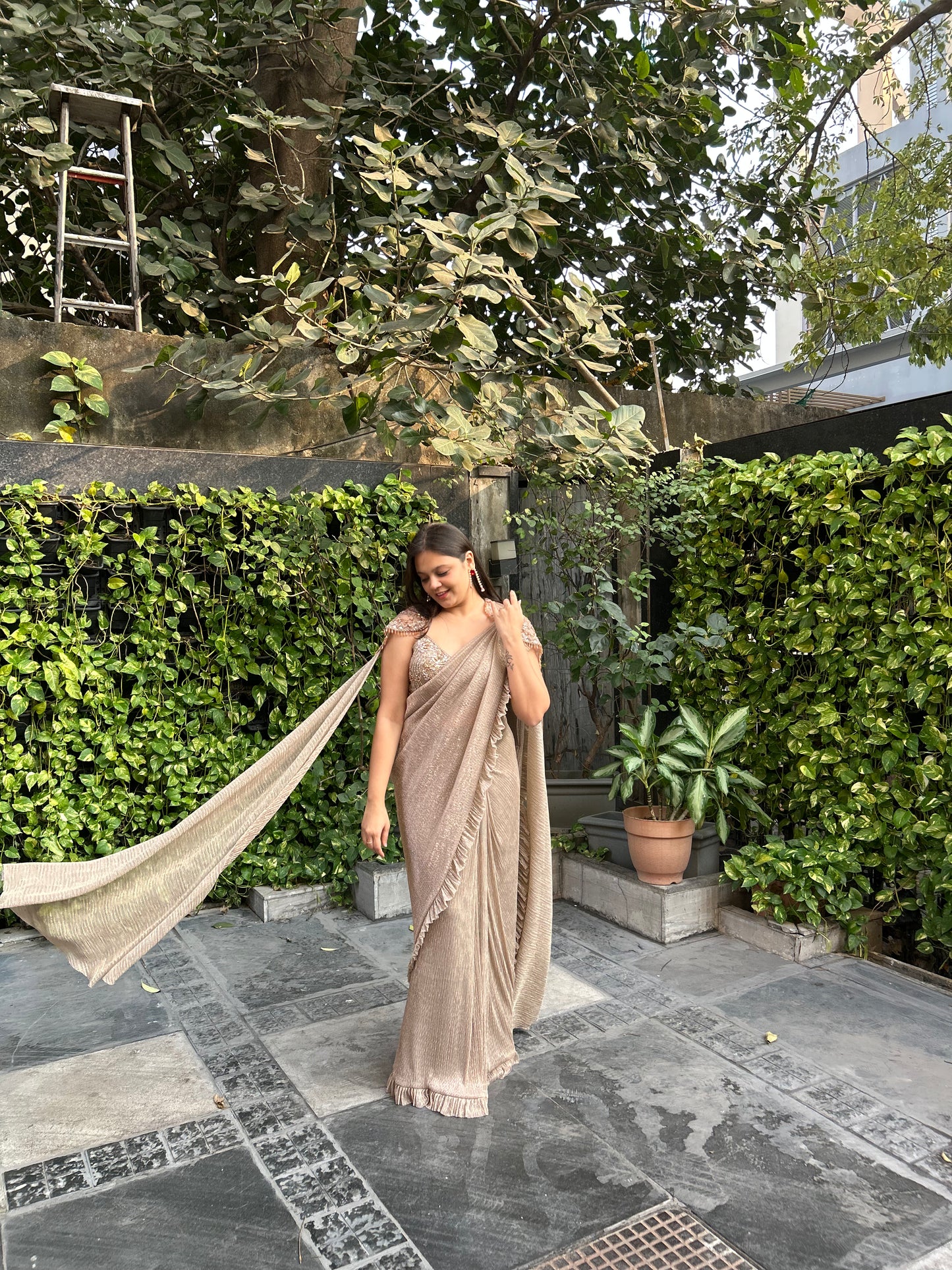 Qiana – Gold Beige Luxe Shimmery Pre-Stitched Saree with Cape