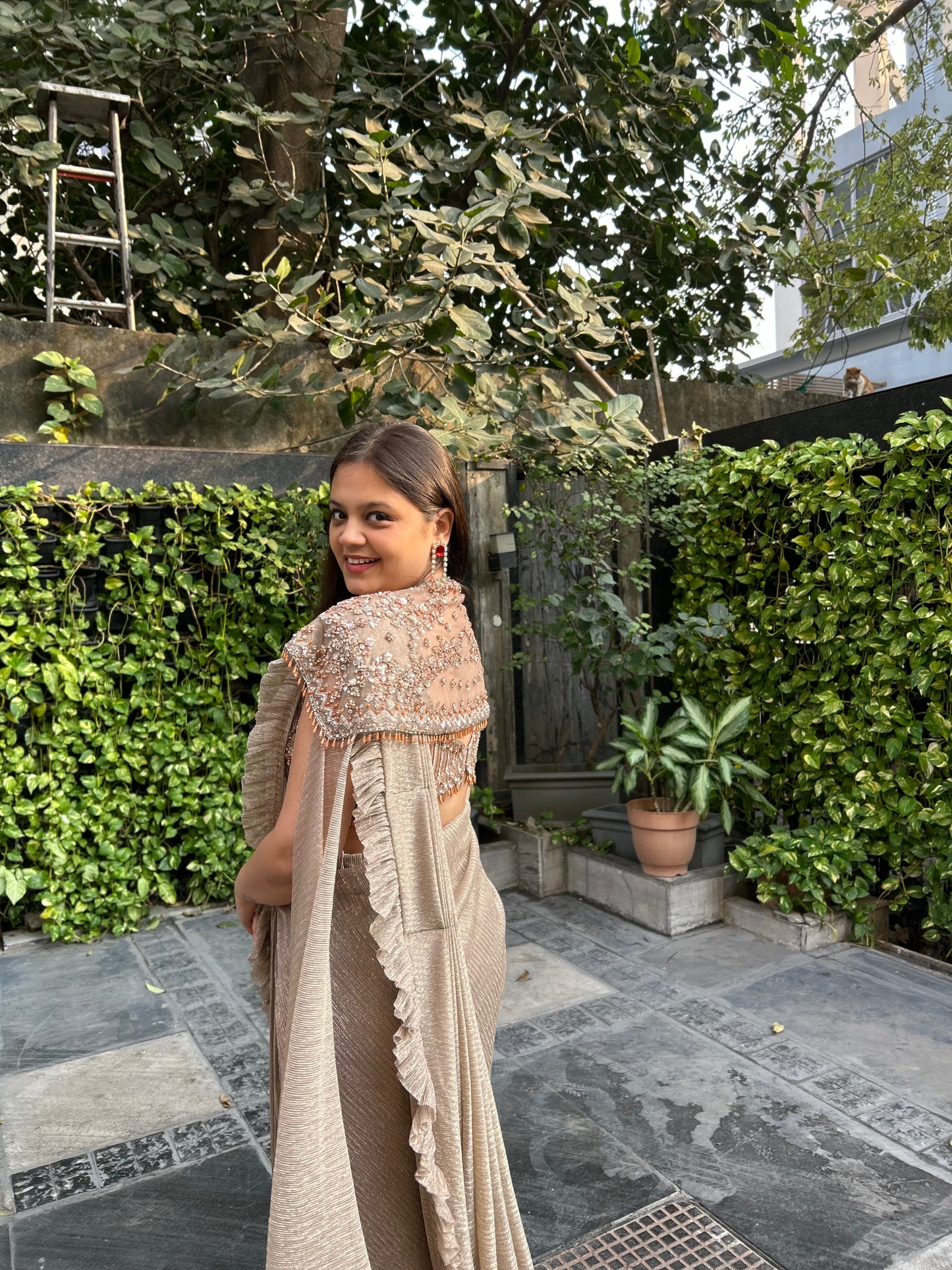 Qiana – Gold Beige Luxe Shimmery Pre-Stitched Saree with Cape