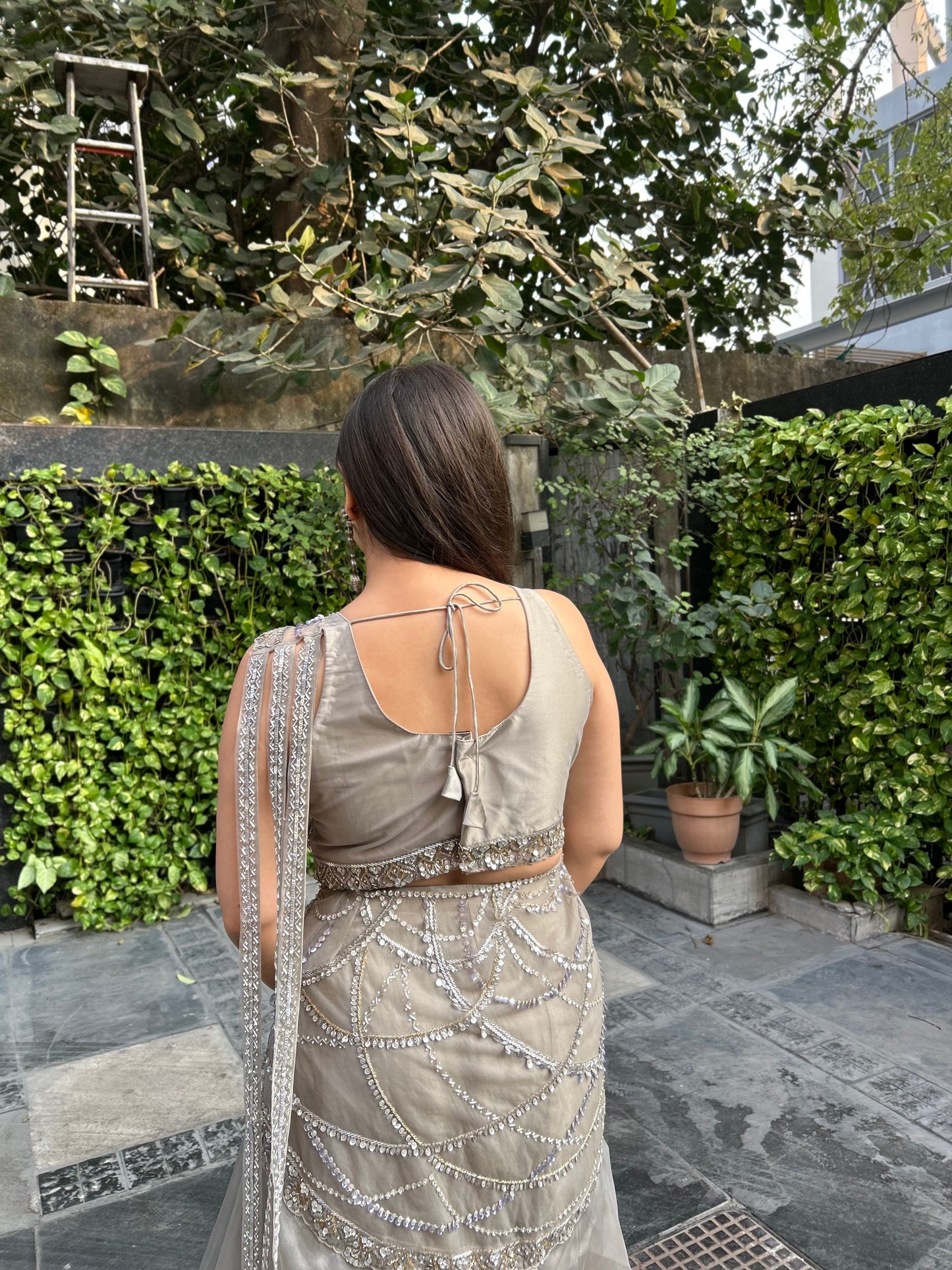 Shayna – Grey Luxe Tissue Drape Saree Lehenga