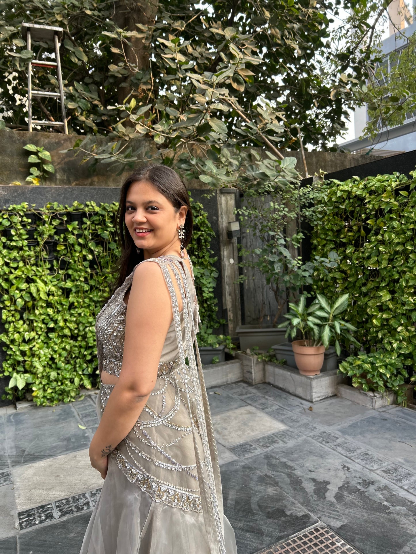 Shayna – Grey Luxe Tissue Drape Saree Lehenga