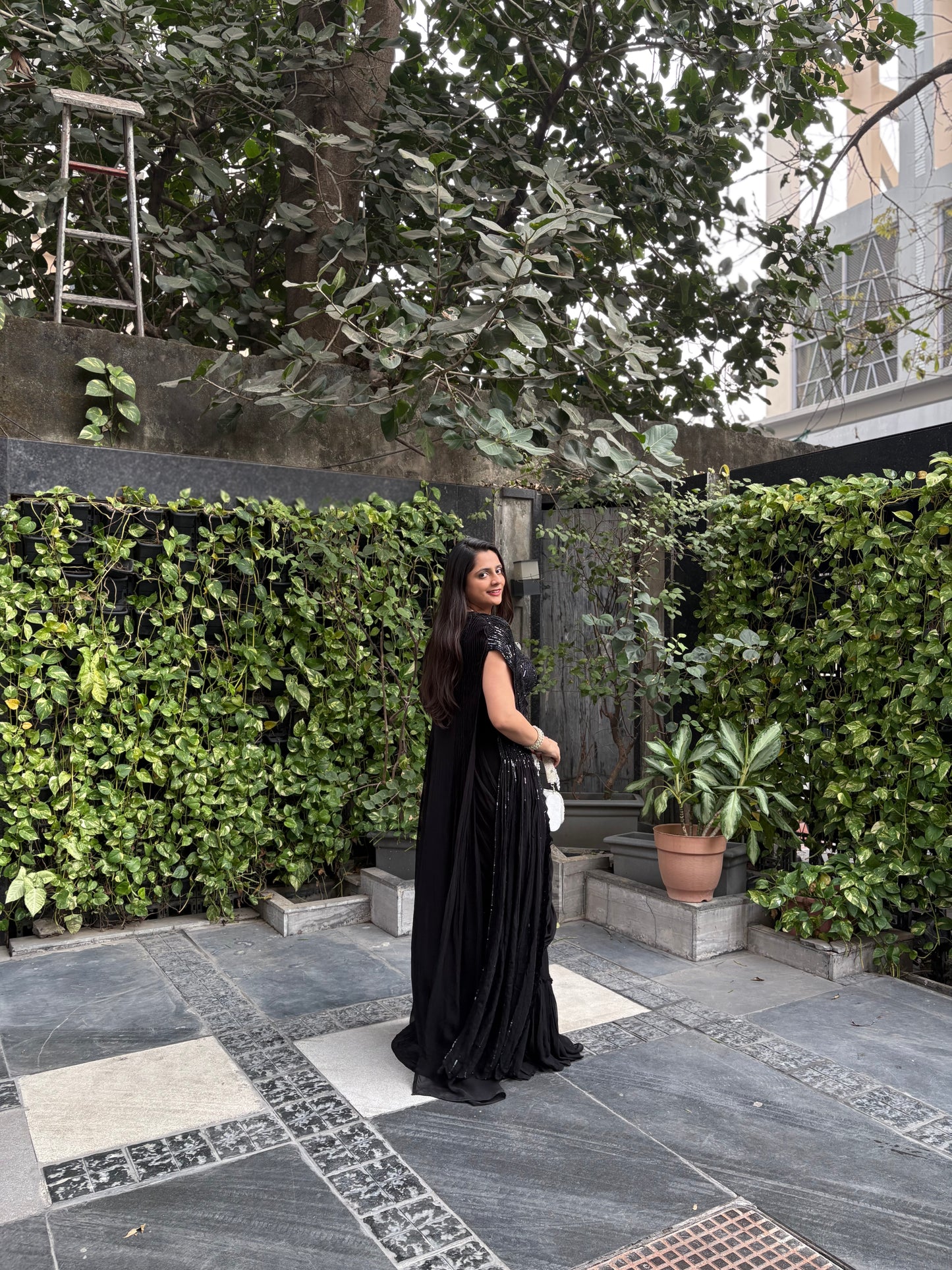 Kaira Black Embroidered Drape Saree with Slit Cape