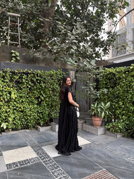 Kaira Black Embroidered Drape Saree with Slit Cape