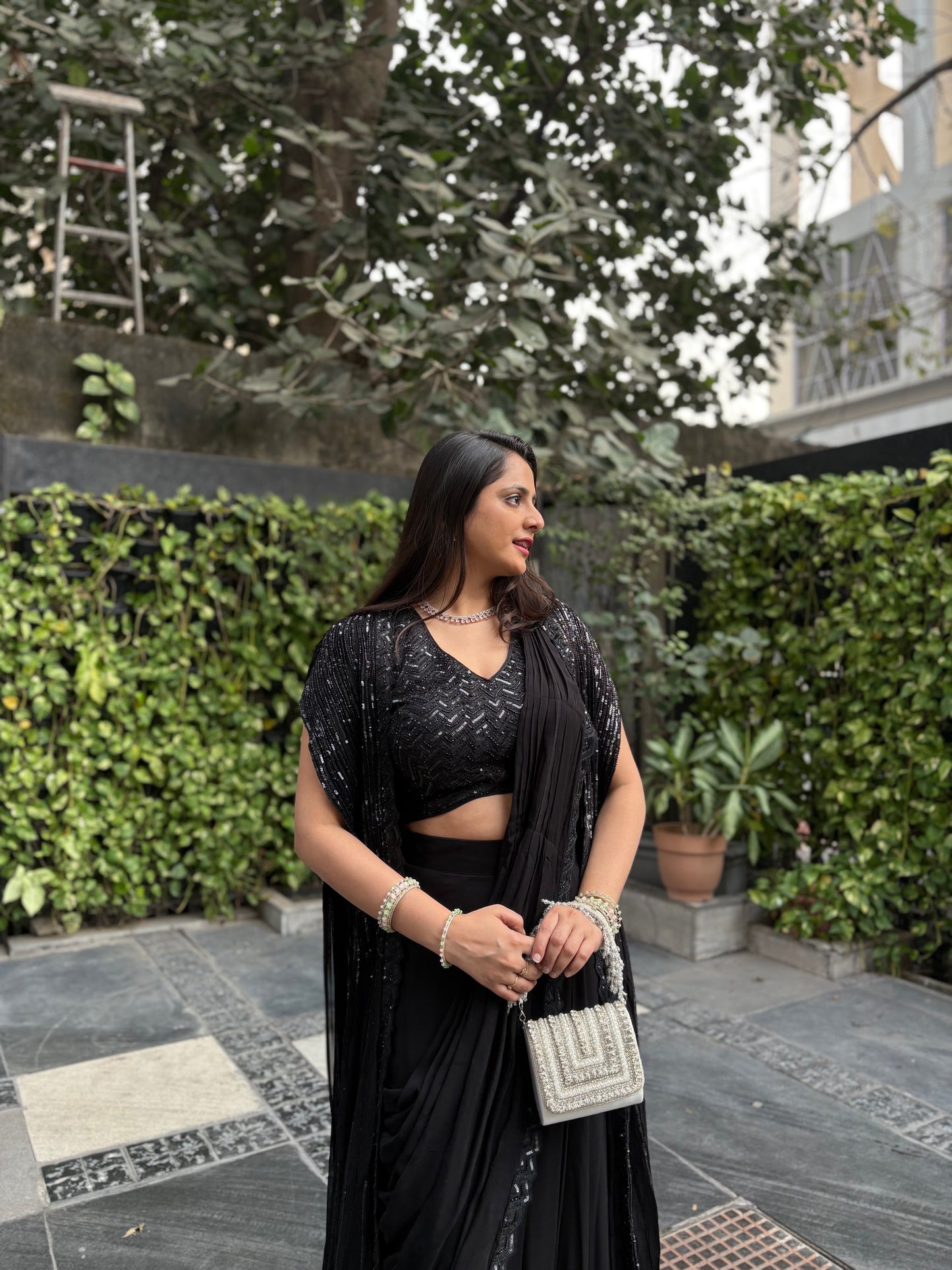 Kaira Black Embroidered Drape Saree with Slit Cape