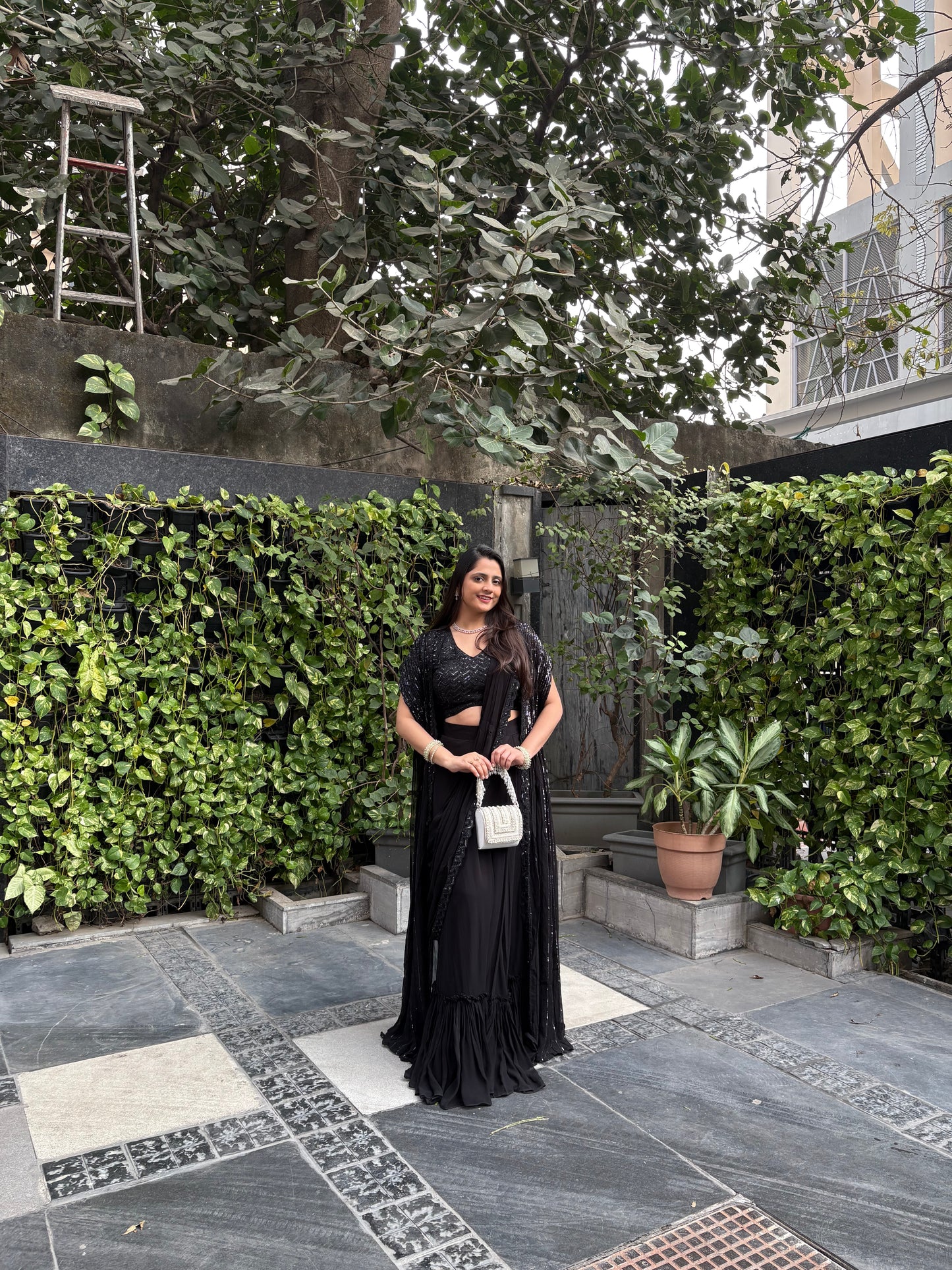 Kaira Black Embroidered Drape Saree with Slit Cape