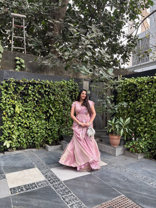 Paakhi Light Pink Embroidered Drape Lehenga with Belt