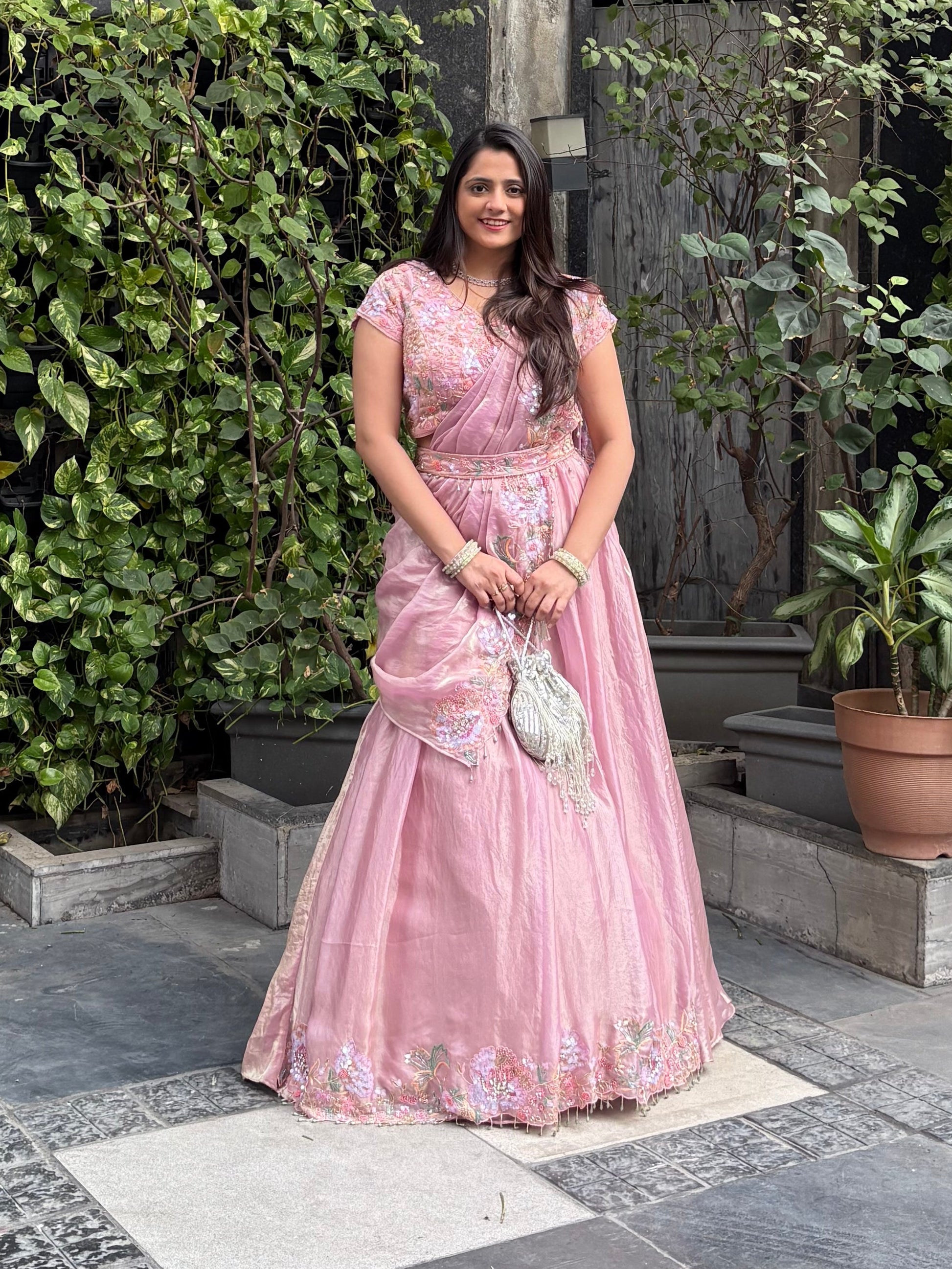 Baby pink lehenga with multicolour embroidery for mehendi, haldi, carnival, bridesmaids for weddings etc