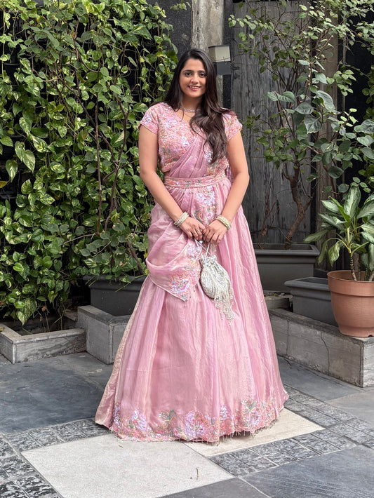 Baby pink lehenga with multicolour embroidery for mehendi, haldi, carnival, bridesmaids for weddings etc
