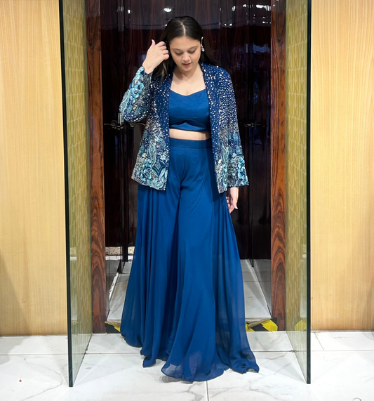 Pree teal blue fusion sharara and blazer set - perfect for cocktails, musical evenings, a night under the stars