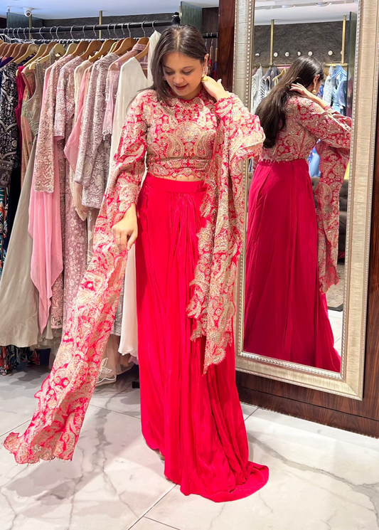 Fuchsia pink embroidered angel sleeve top with lungi-style drape skirt – Annie