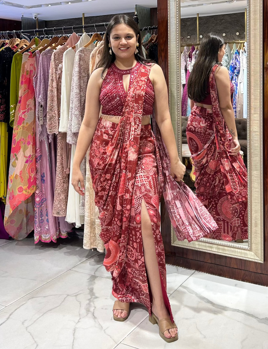 Ishira maroon drape saree with halter neck blouse and long customisable slit