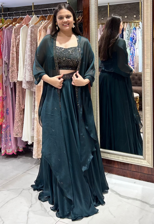 House of Ajita Swara teal lehenga and cape set with Swarovski sparkle