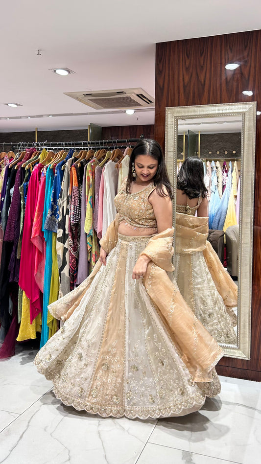 Classy designer inspired lehenga perfect for the bride's reception, engagement, look, or for the mother or sister of the bride.
