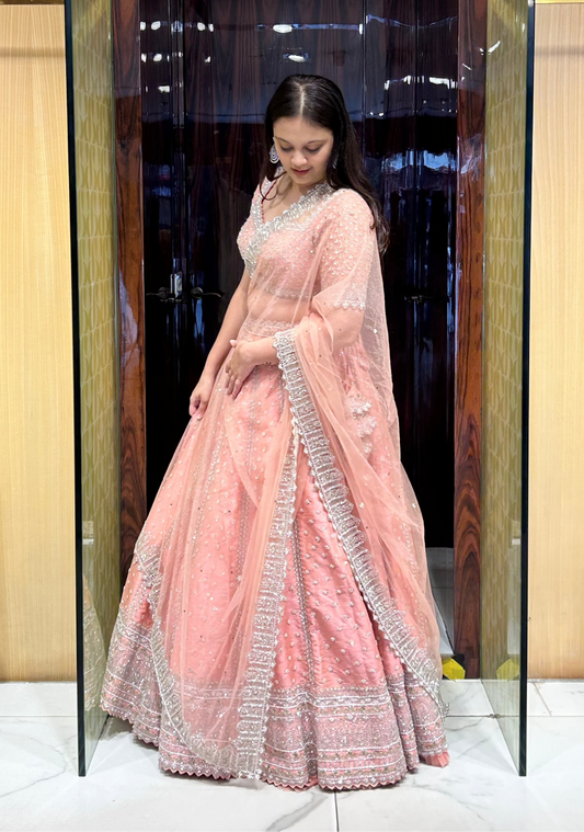 Mehal peach raw silk lehenga for sangeet, reception, engagement, nikaah, ring ceremony