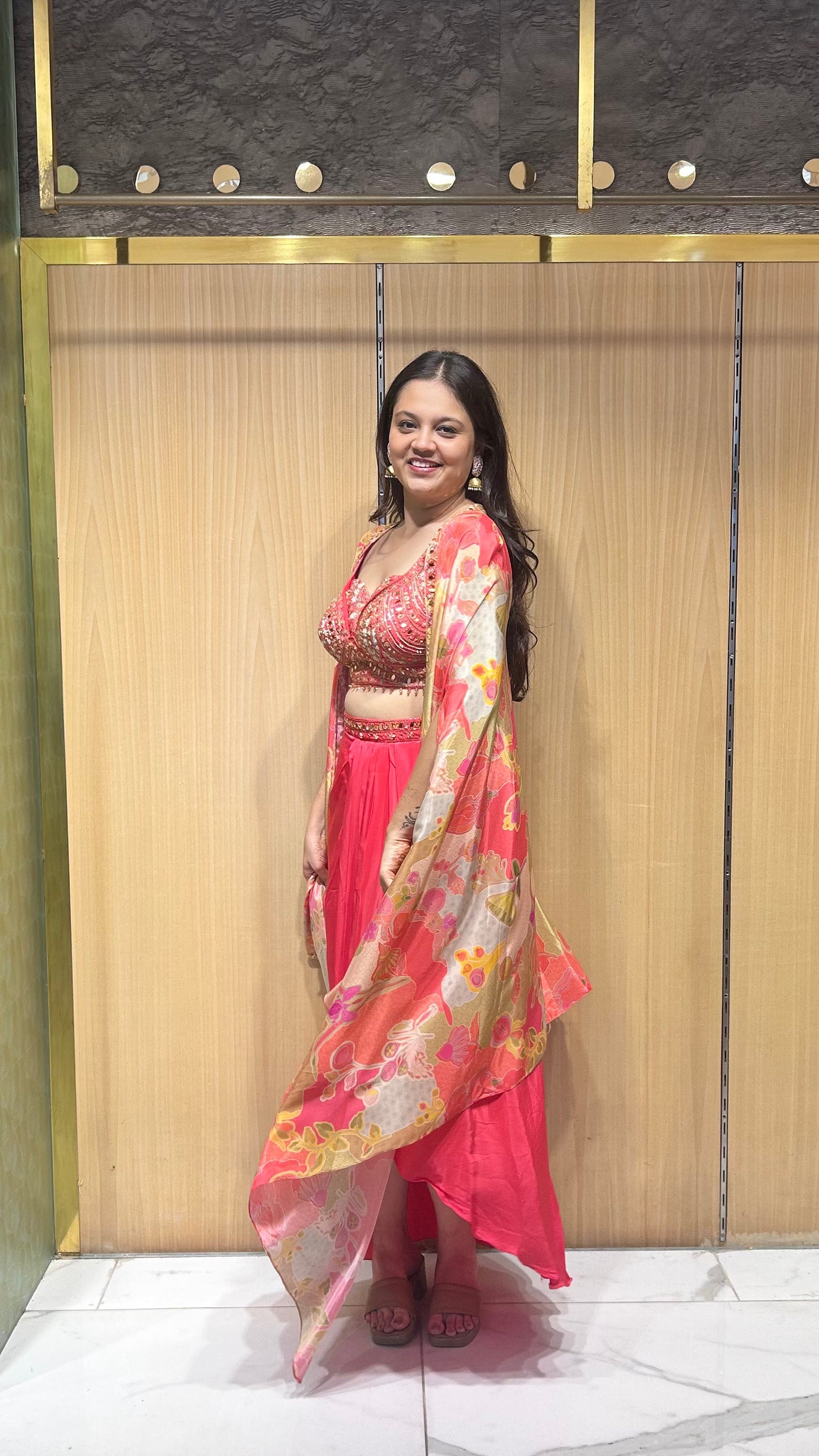 Indo-Western draped skirt outfit with cape perfect for Haldi, Mehendi, Carnival etc