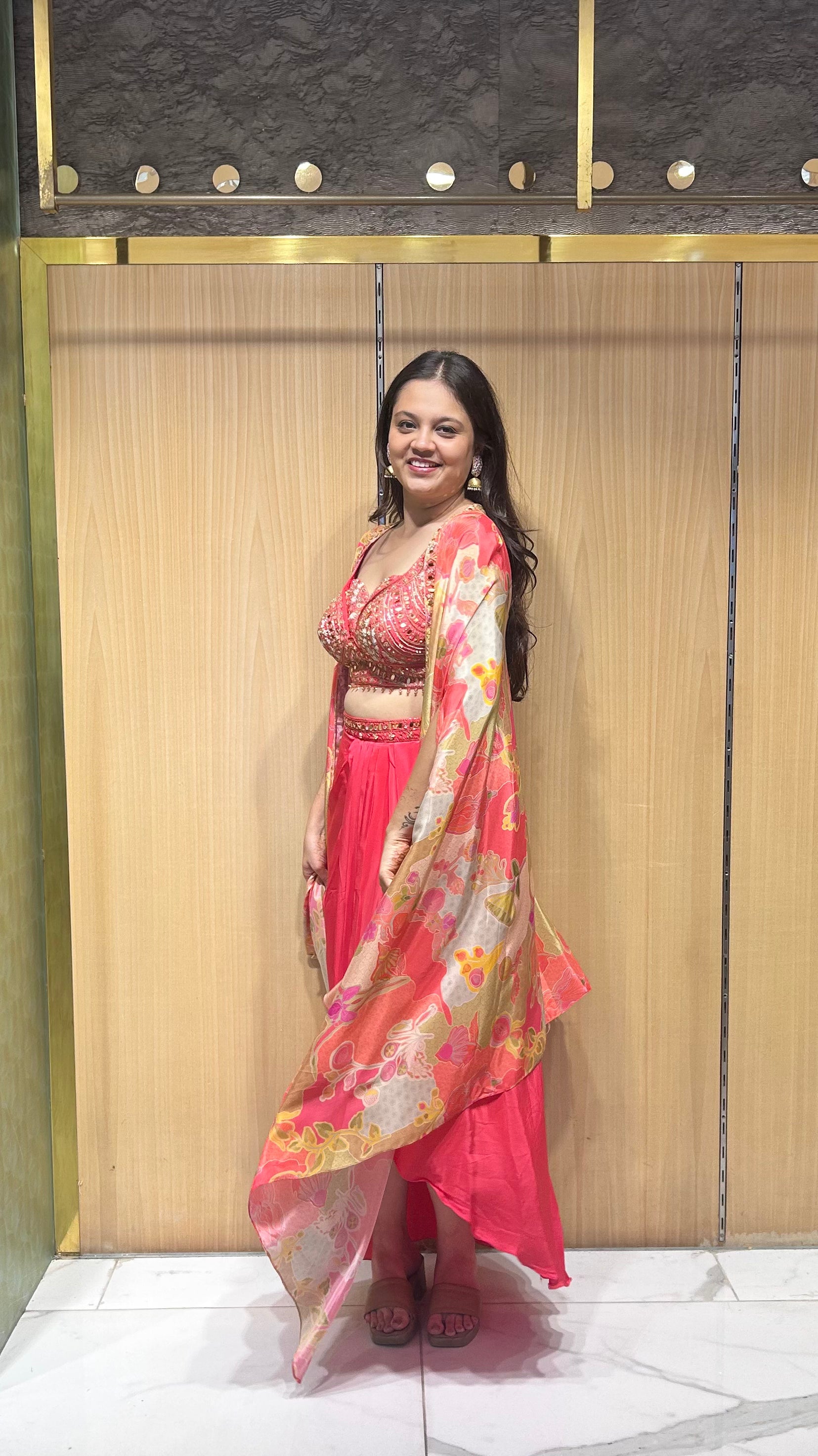 Indo-Western draped skirt outfit with cape perfect for Haldi, Mehendi, Carnival etc