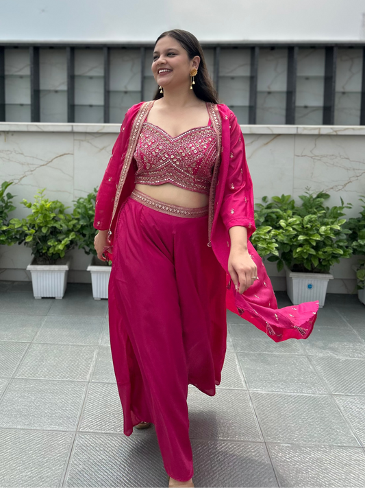 Bright Pink designer inspired indo-western jacket set for mehendi, haldi, carnival, etc