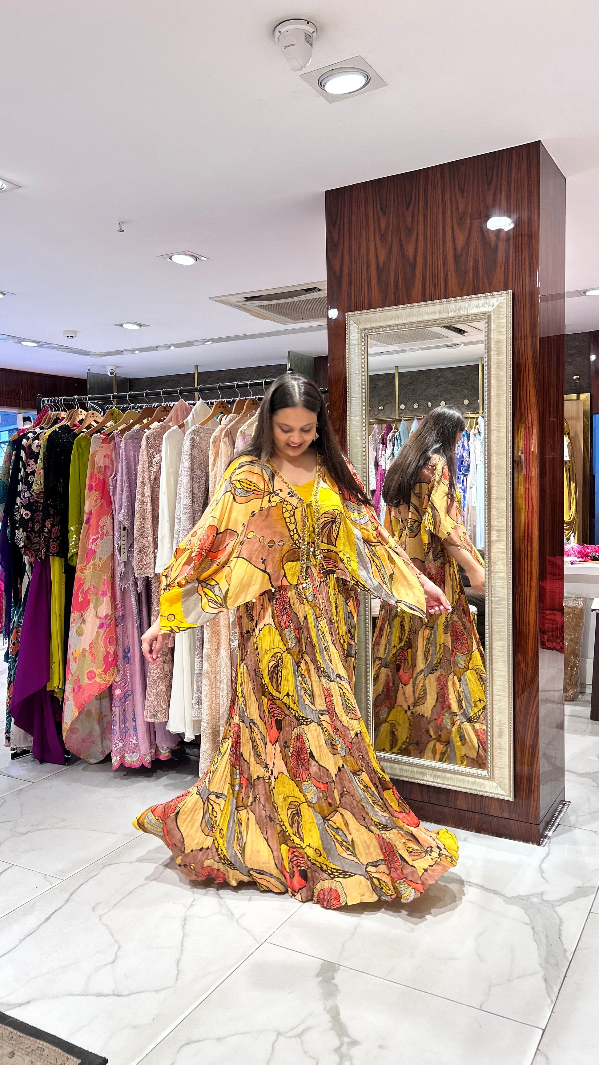Multicolour printed crepe skirt and cape for haldi, mehendi, and carnival celebrations