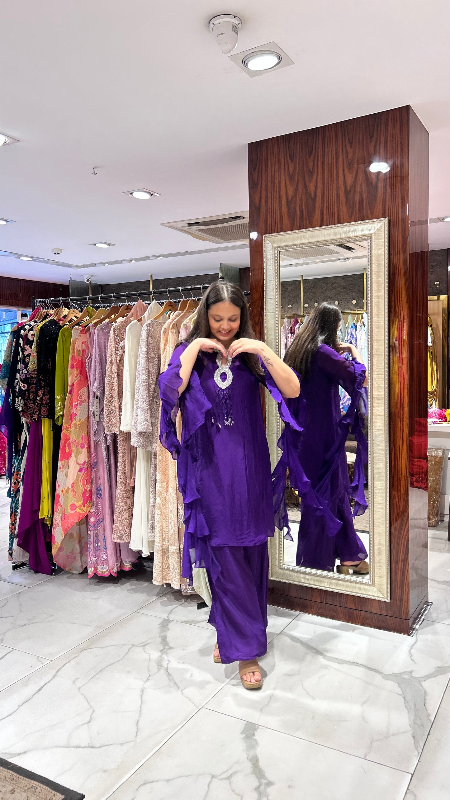 Shine in the Tivra purple co-ord set with angel sleeves and crystal tassels – House of Ajita