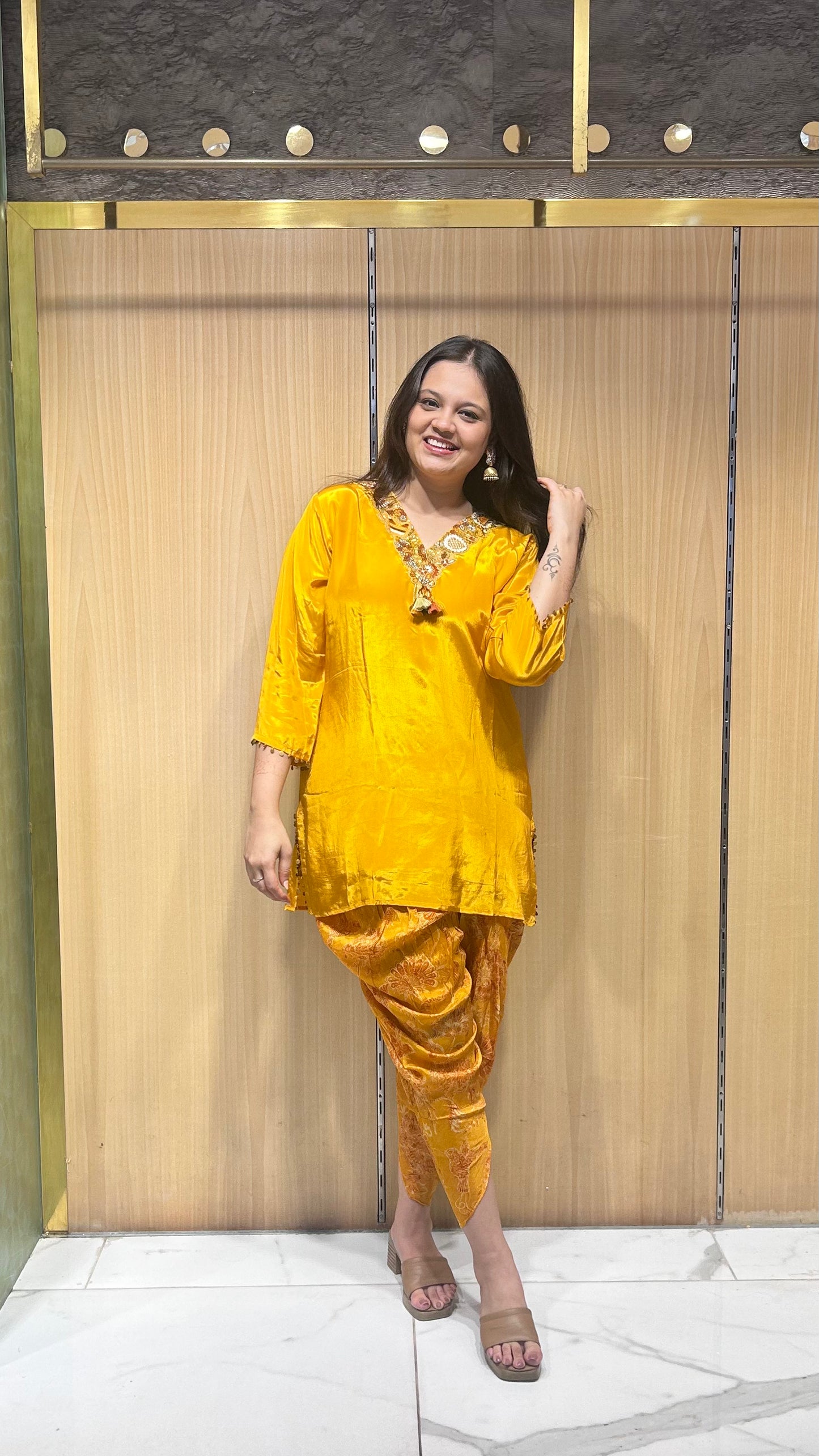 Resha mustard crape and chinon fusion outfit - Dhoti set designer inspired for Mehendi/Haldi/Carnival