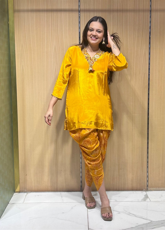 Resha mustard yellow kurti with dhoti pants - Perfect for Mehendi, haldi, Carnival, lunches etc