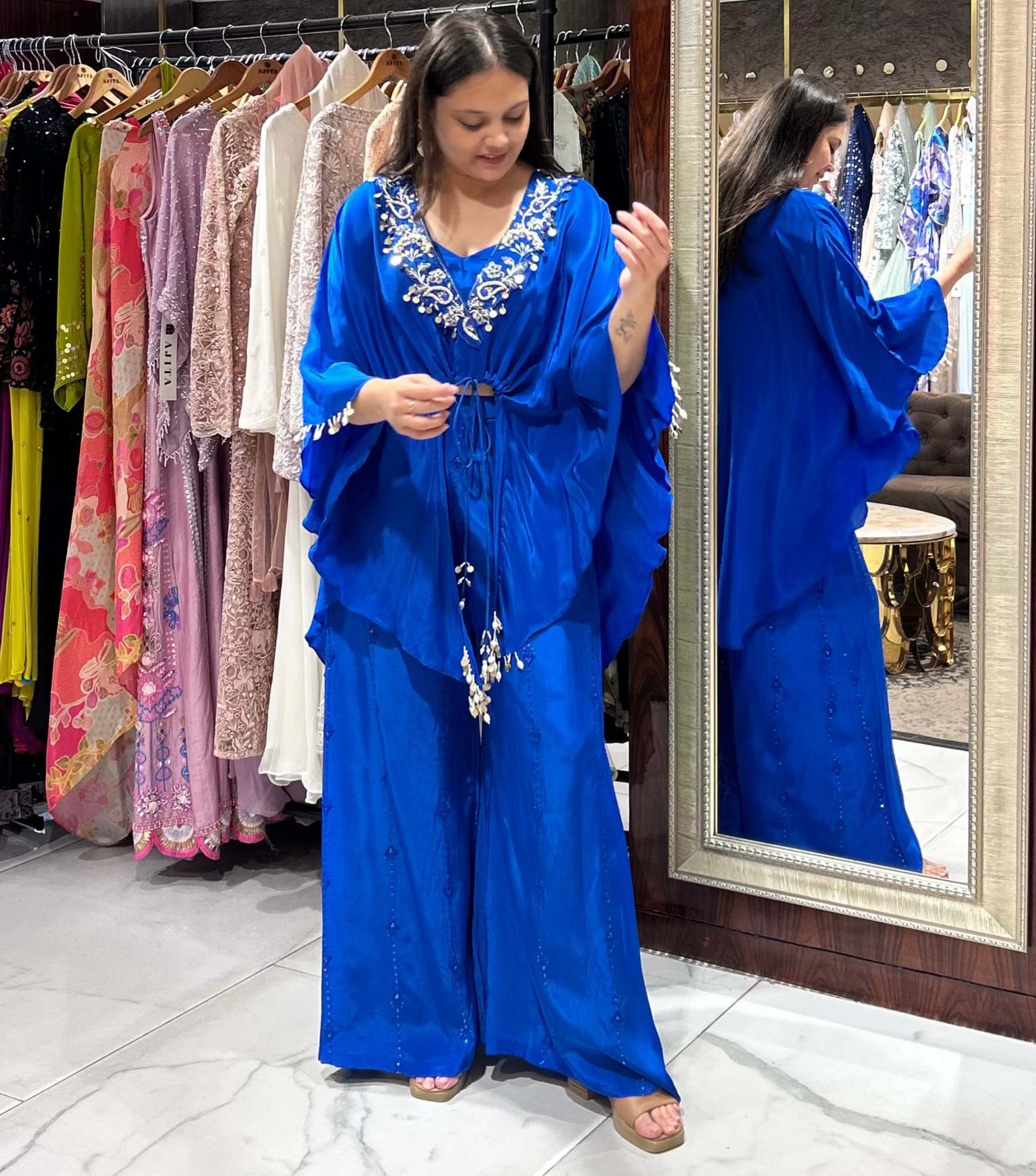 Blue crepe co-ord set with embroidered bustier and cape – full front view