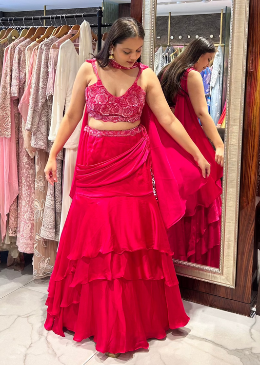 Fuchsia pink spaghetti blouse with layered satin skirt – Soha