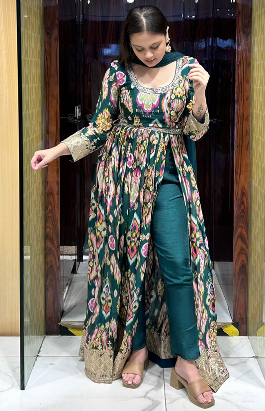 Patola print anarkali set with front slit and net dupatta - designer inspired