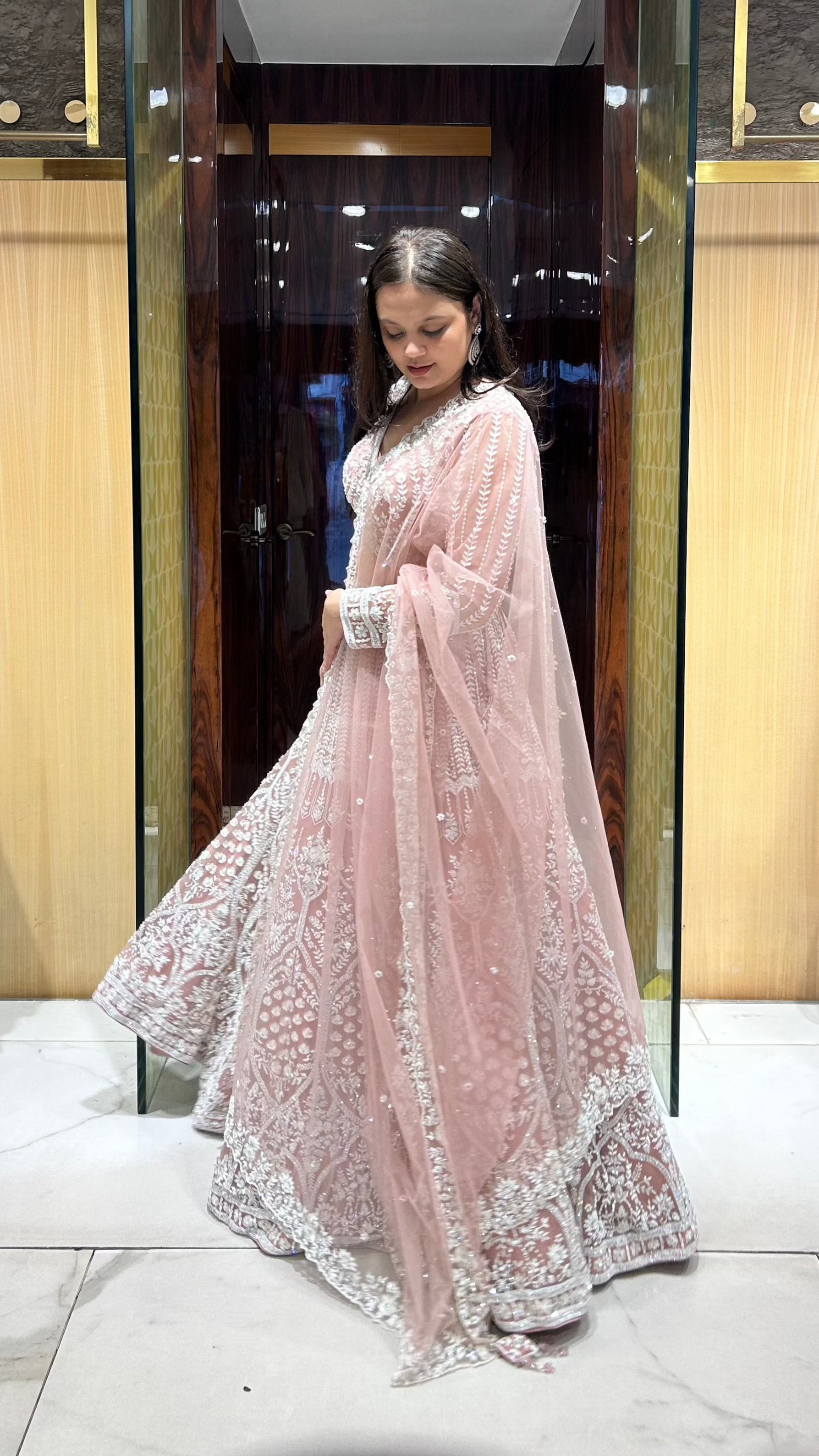 Net dupatta with scalloped border and pearl scatter perfect for brides reception, engagement, sangeet