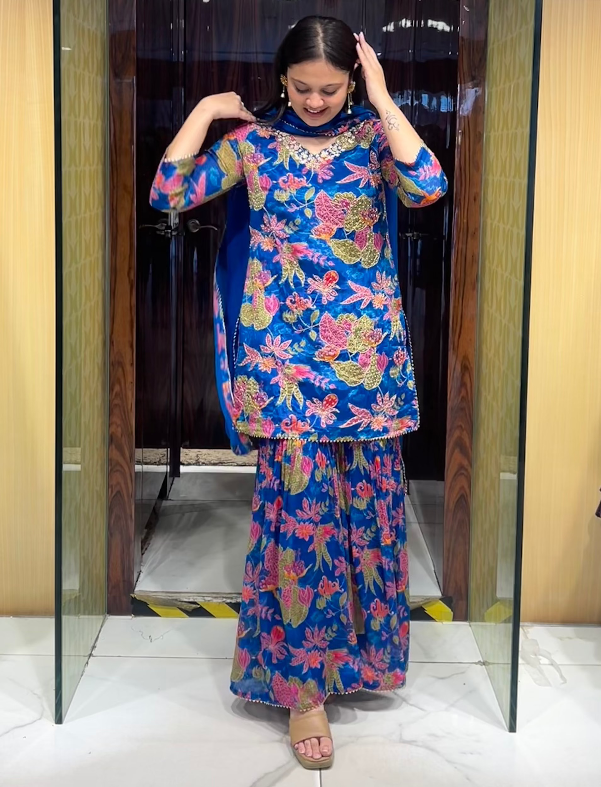 Blue floral Chinon silk gharara set with organza dupatta