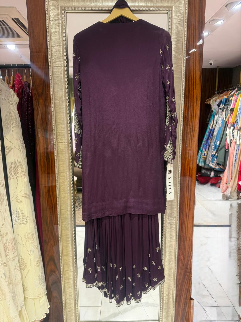 Gitika Dark Wine Chinon Silk Hand-Embroidered Sharara Set