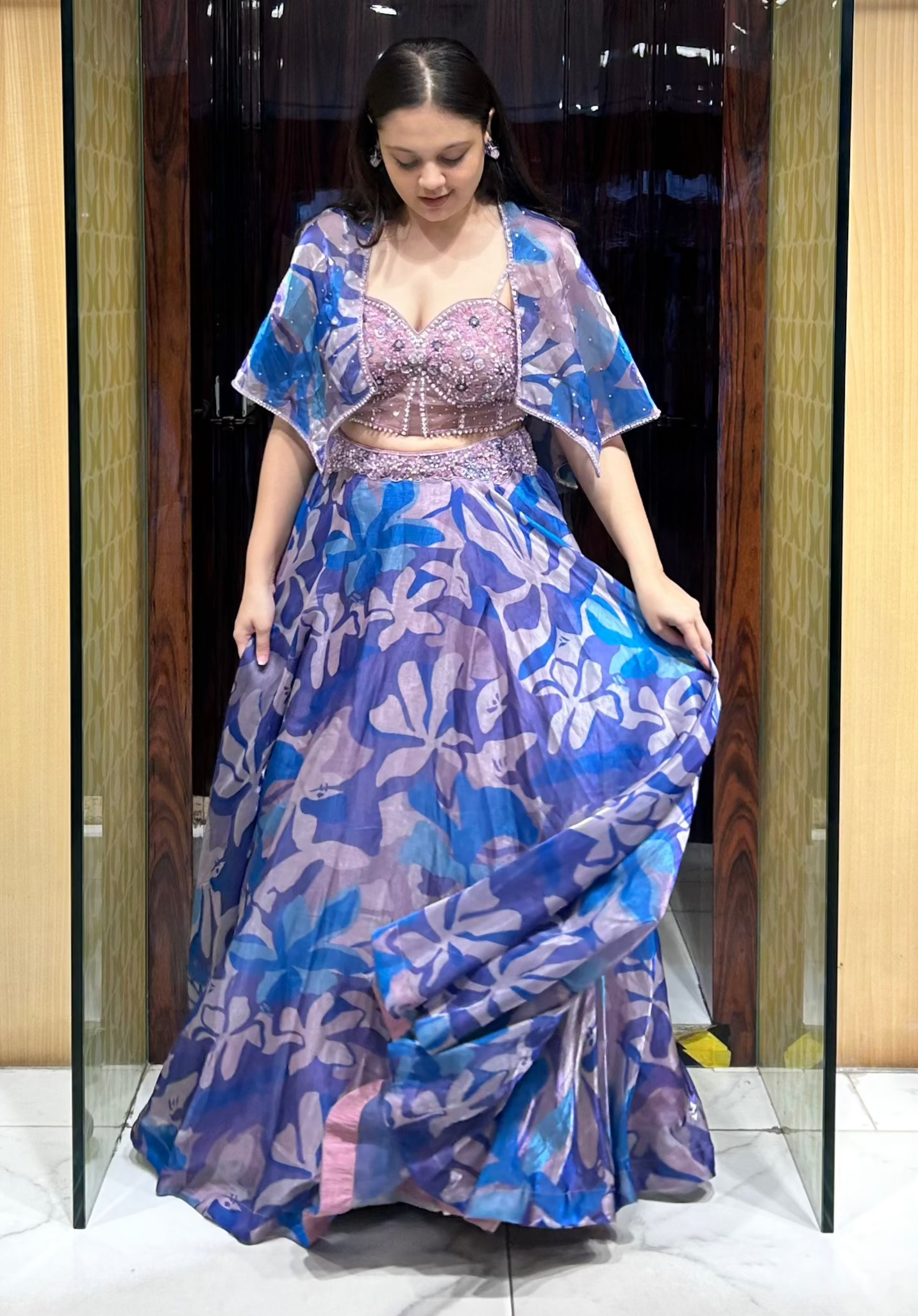 Soha lilac printed organza lehenga with corset blouse – House of Ajita [perfect for mehendi]