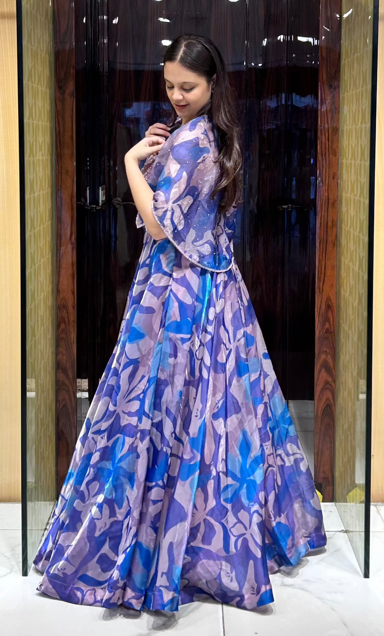 Lilac and blue printed lehenga set with cape and corset blouse - perfect for haldi, mehendi, carnival